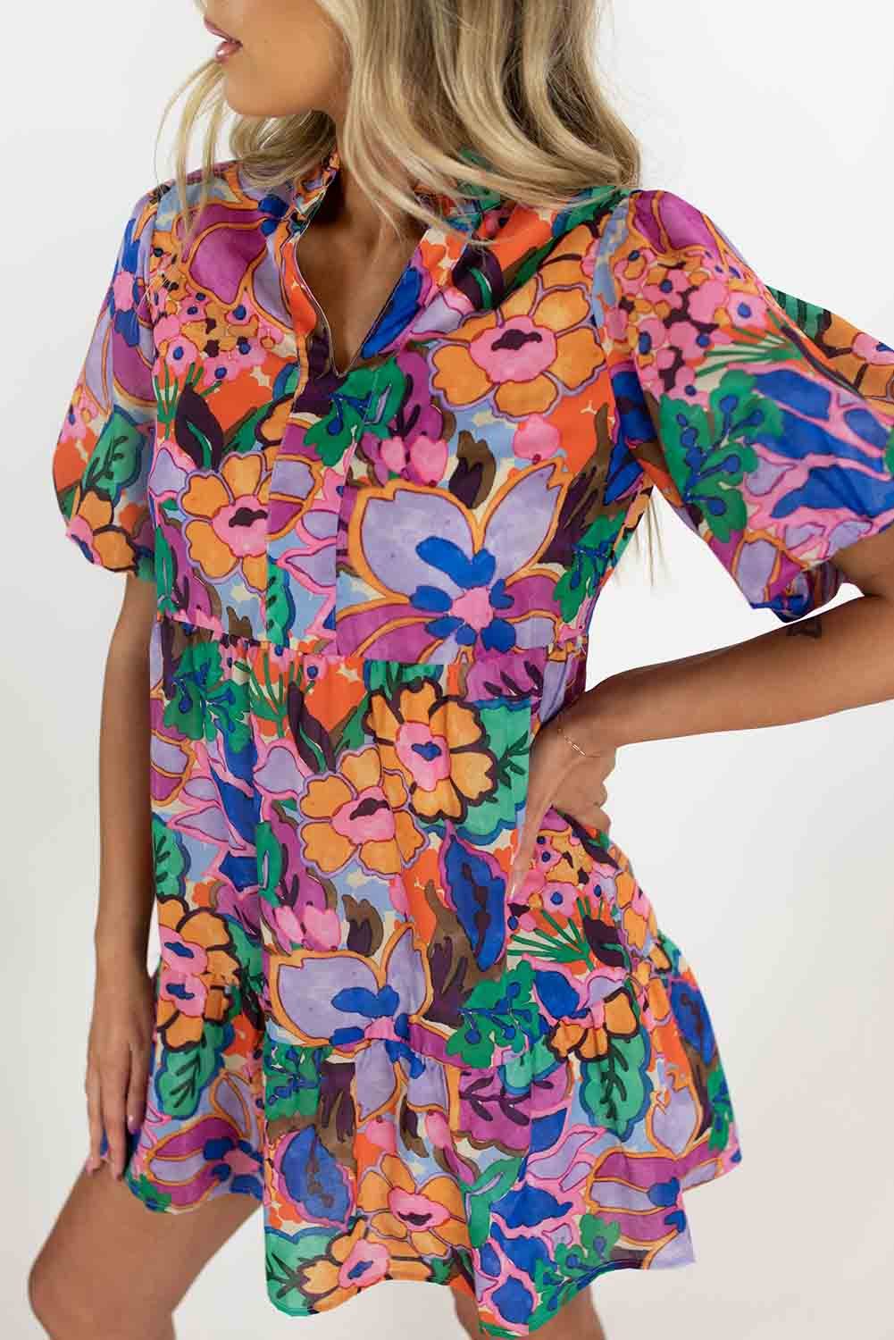 Multicolor Floral Puff Sleeve Notch V-Neck Ruffled Short Dress