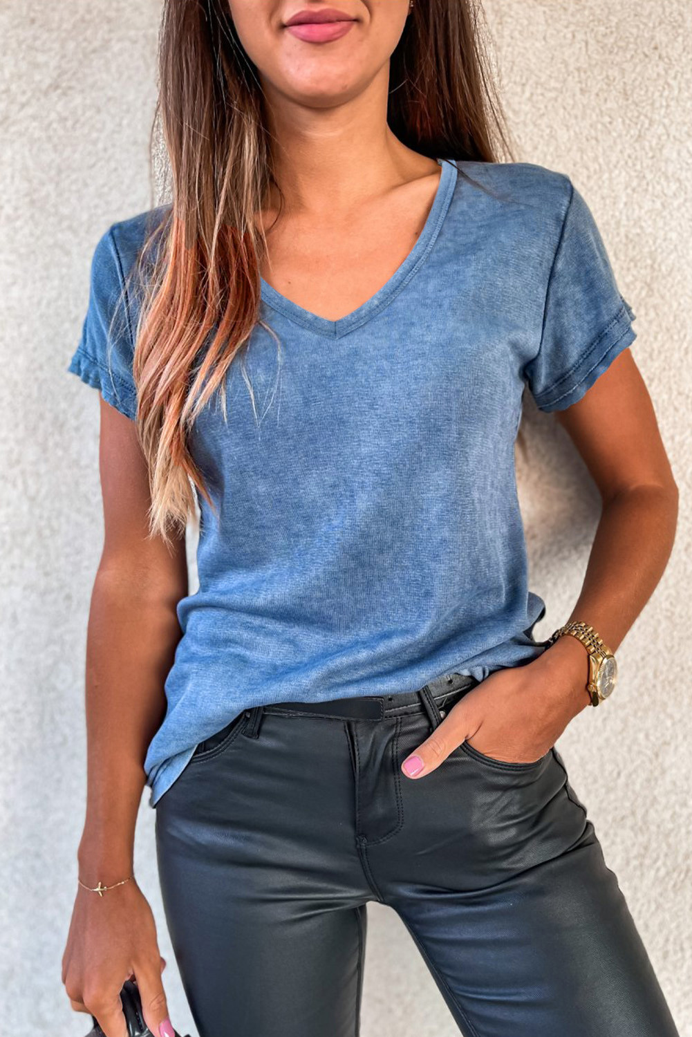 Sky Blue Mineral Washed V Neck T Shirt