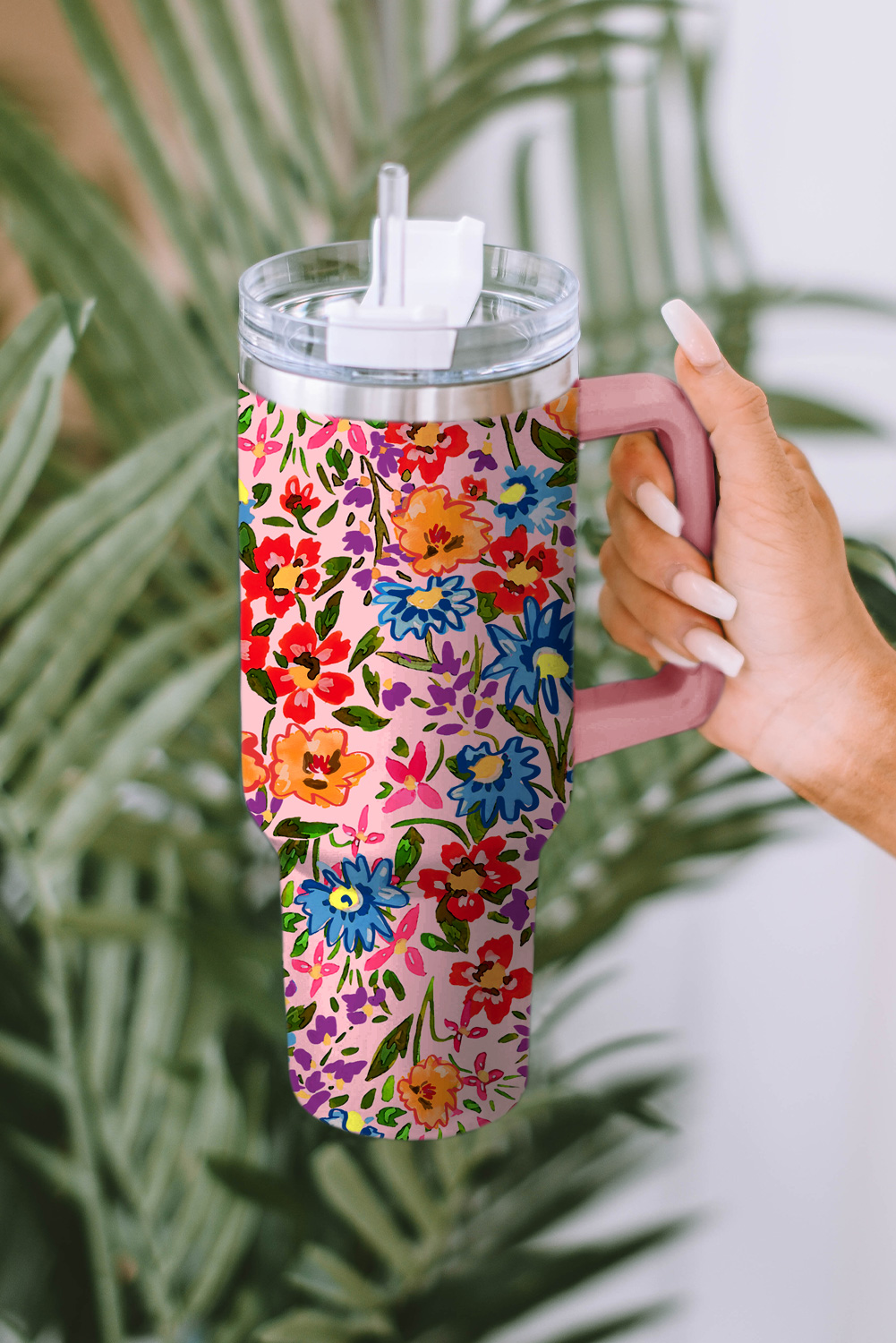 Wholesale Multicolor Floral Pattern 304 Stainless Steel Straw Tumbler MUG with Handle