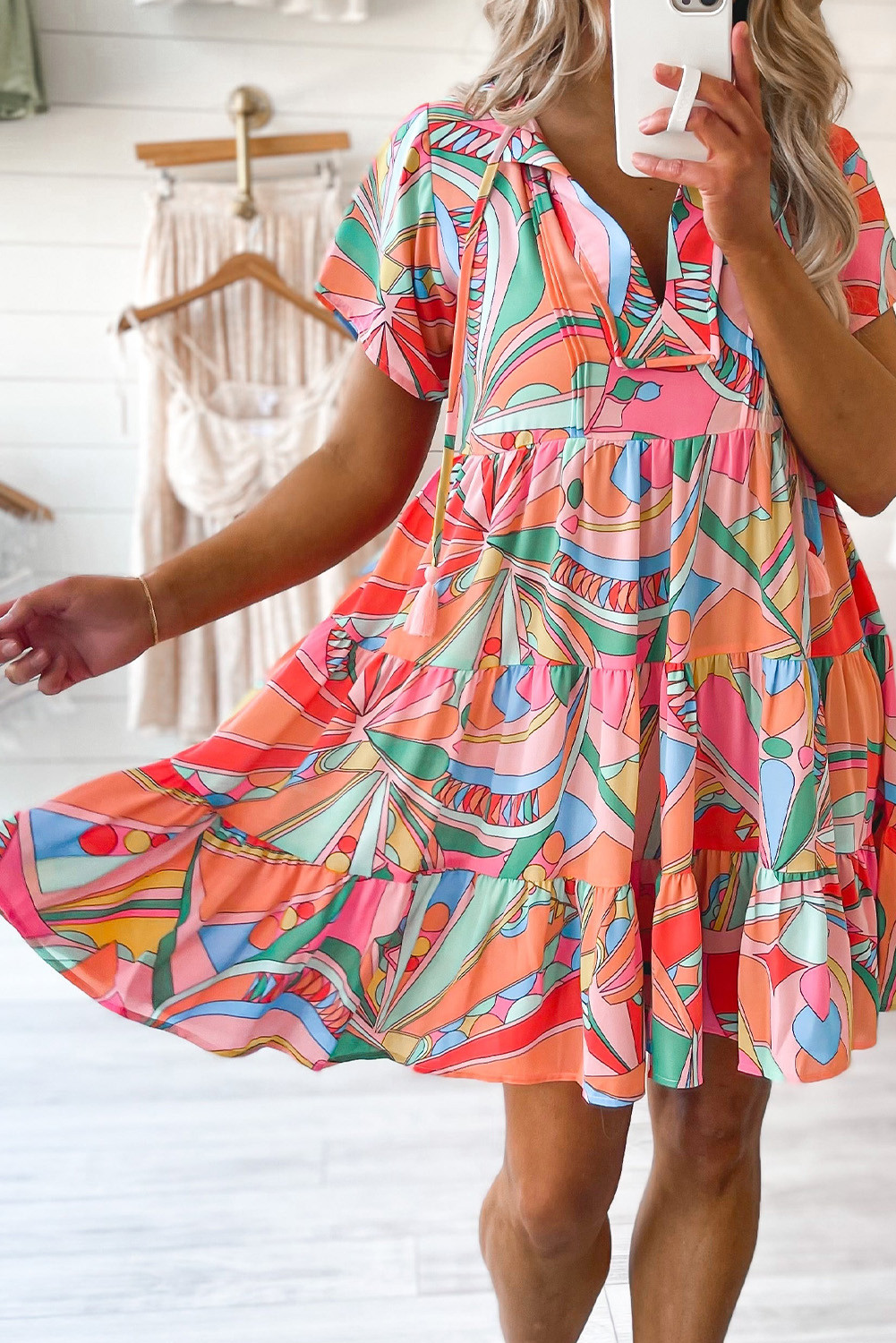 Multicolor Abstract Print Split V Neck Short Sleeve Tiered Dress