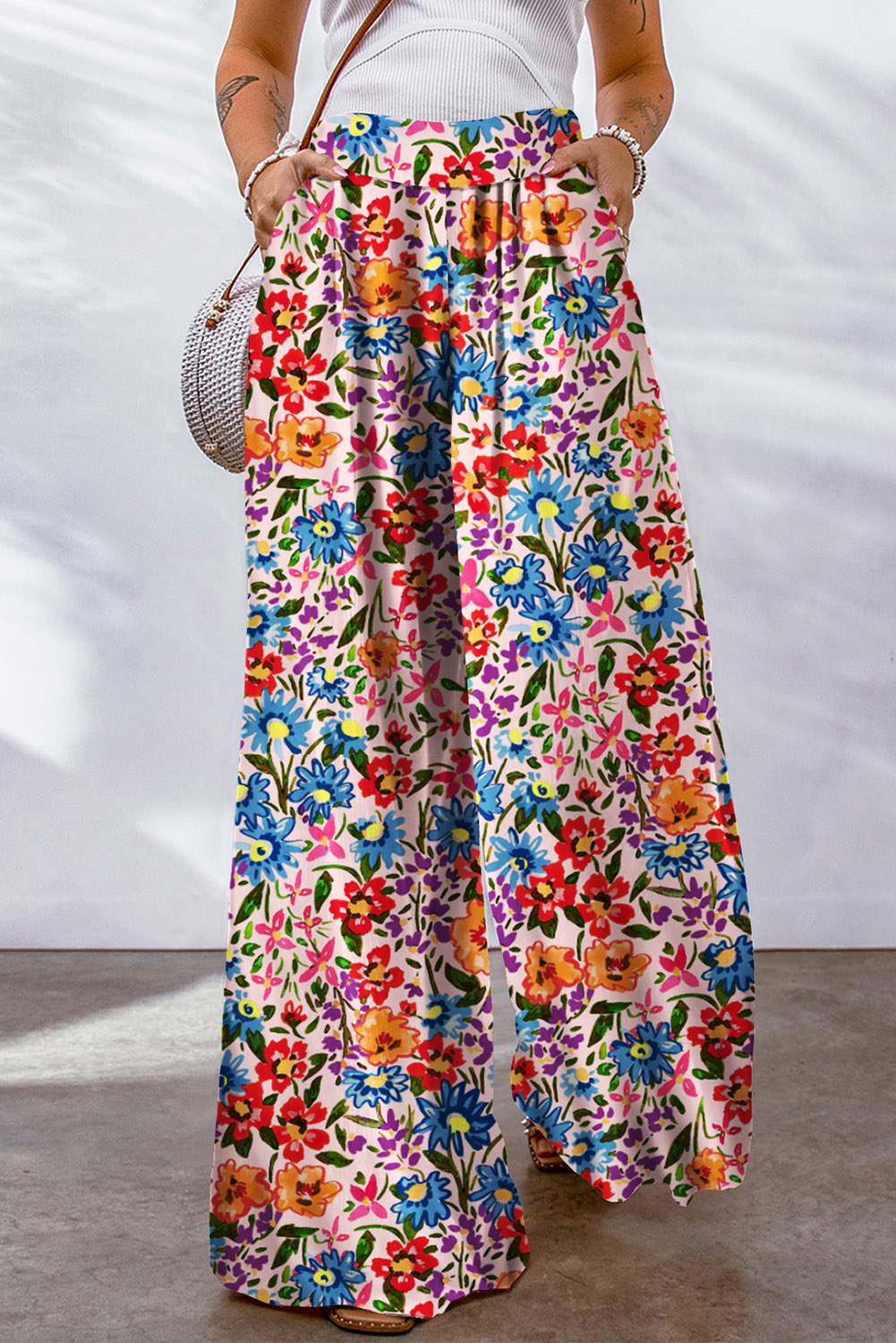 Shewin Wholesale Clothing Stores Multicolor Floral Print Pocketed Wide Leg Oversized PANTS