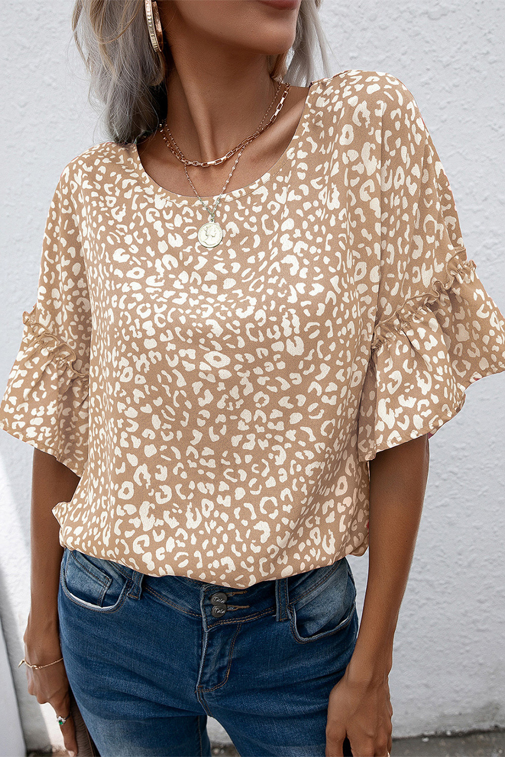 Apricot Leopard Print Casual Flounce Sleeve Blouse