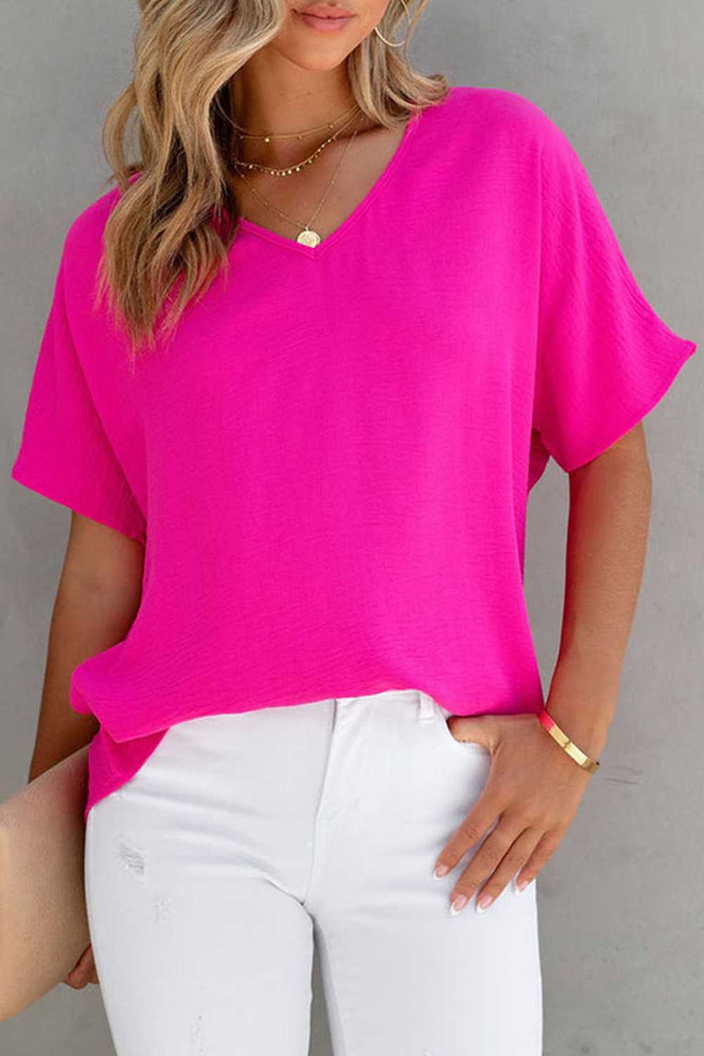 Rose Basic Solid Color V Neck Short Sleeve Blouse