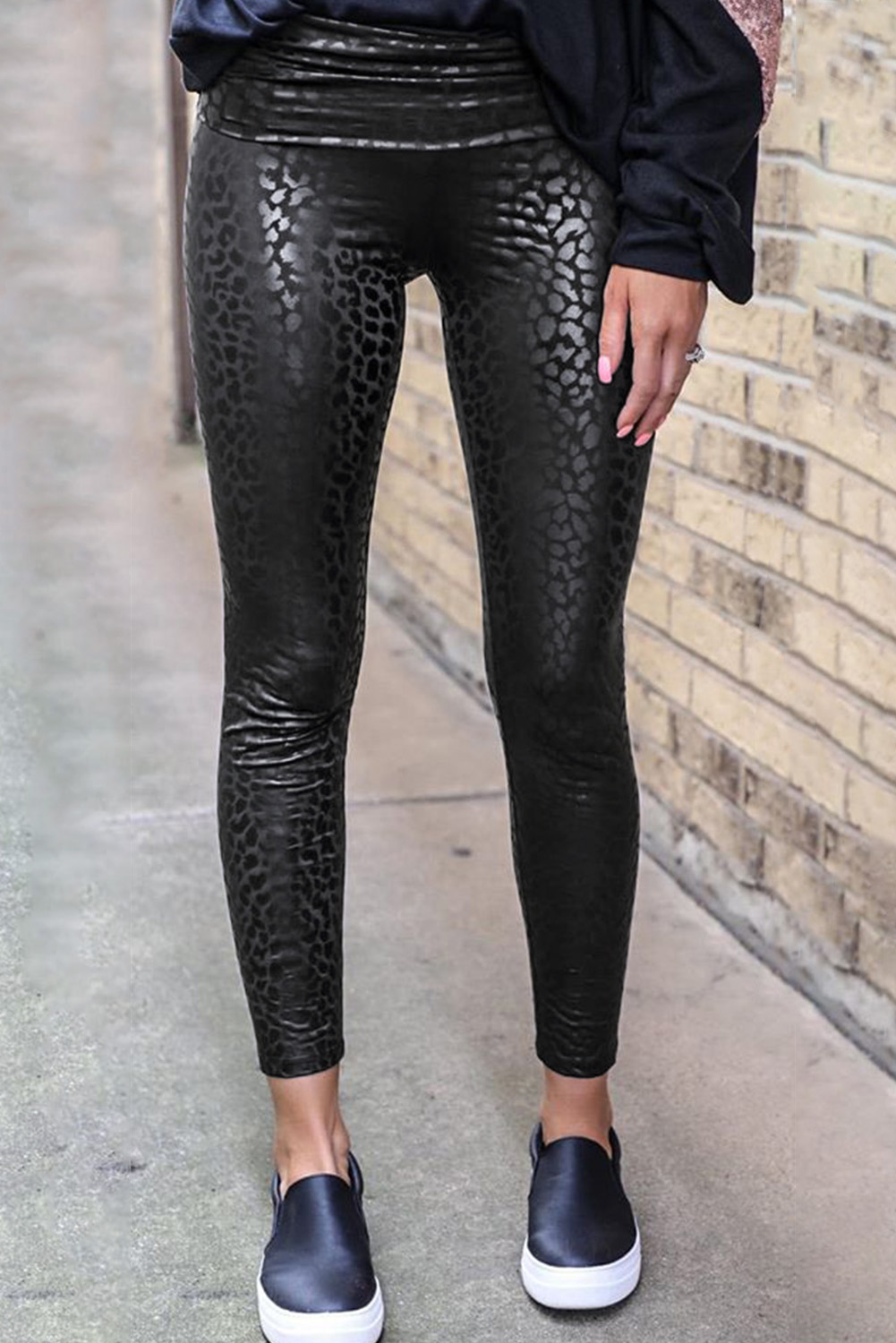 Shewin Wholesale Women Clothes Black Shiny Leopard Casual Textured LEGGINGS