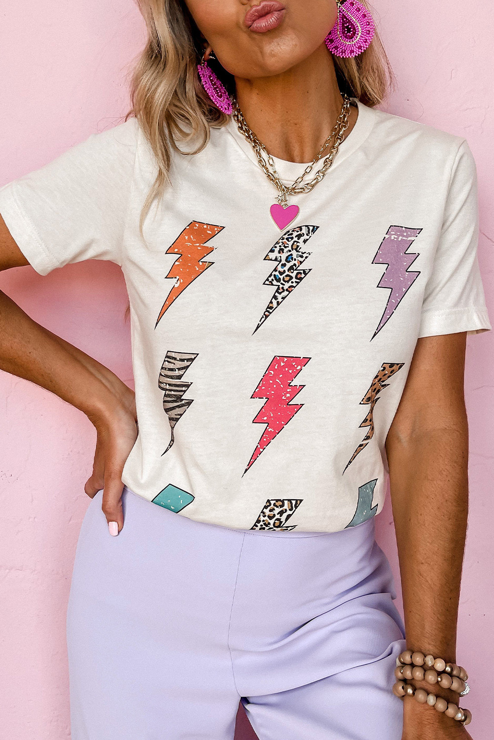 White Printed Lightning Crew Neck Short Sleeve Top