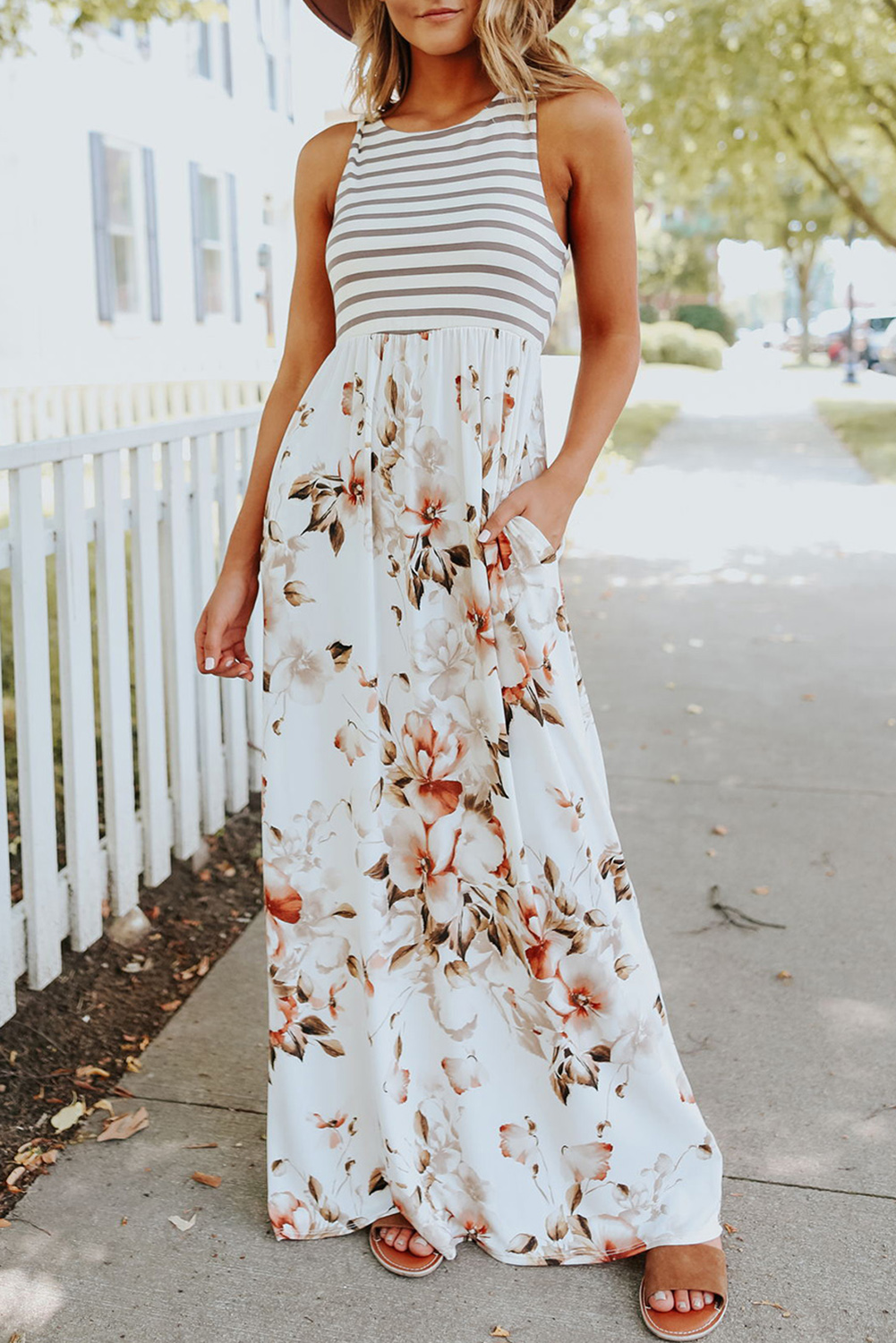 Shewin Wholesale Women Apparel White Boho Stripes & Floral Print Floor Length Tank DRESS