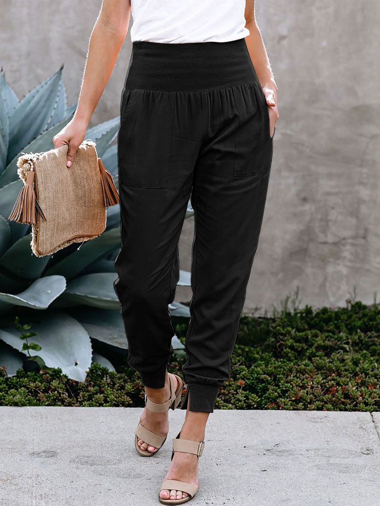 Shewin Wholesale 2024 Hot Black Casual Pocketed Tapered Elastic Waist Joggers