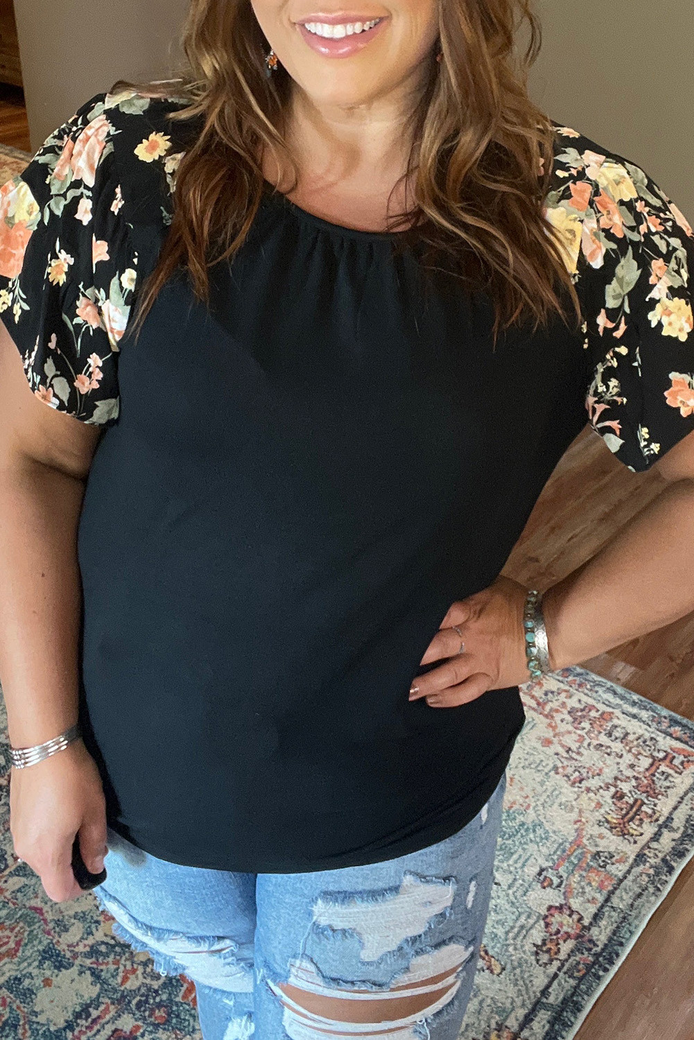 Black Floral Sleeve Ruffle Sleeve Plus Size Top
