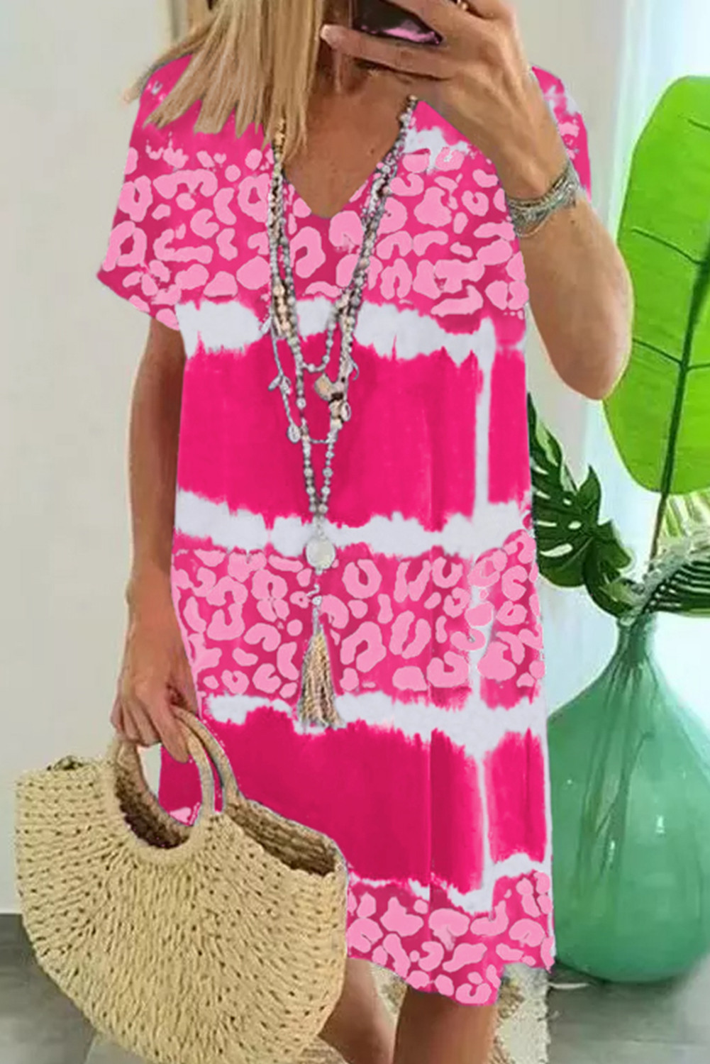 Rose Leopard Tie Dye Color Block V-Neck T-Shirt Dress