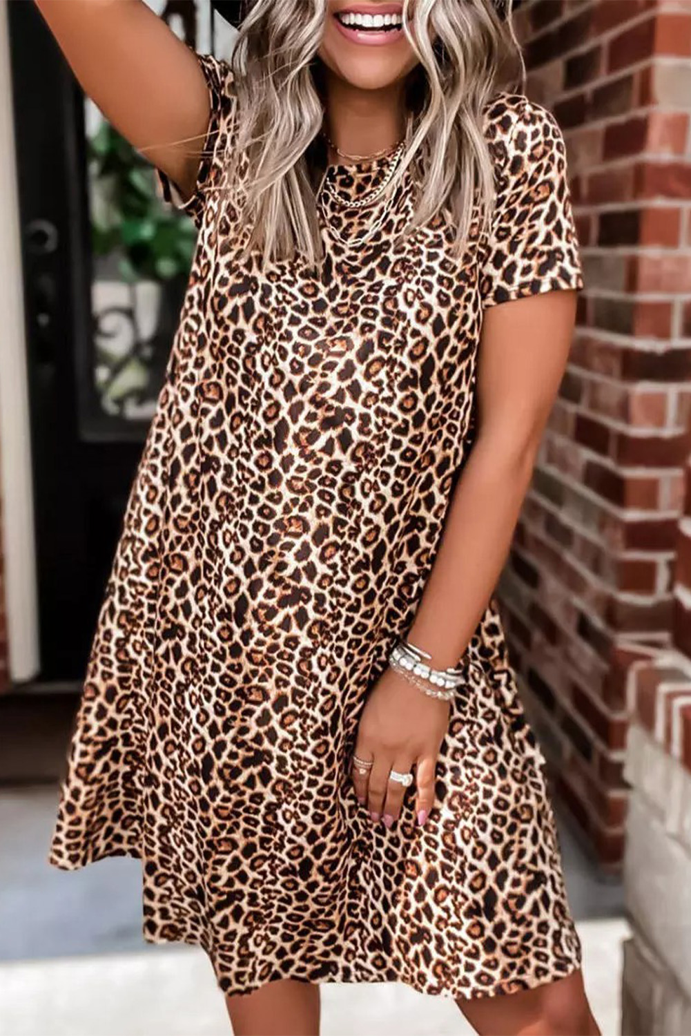 Shewin Wholesale Women Apparel Casual Short Sleeve A-Line Crewneck Leopard Print DRESS