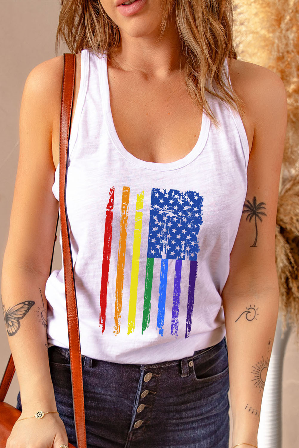 White Casual Rainbow Flag Graphic Tank Top