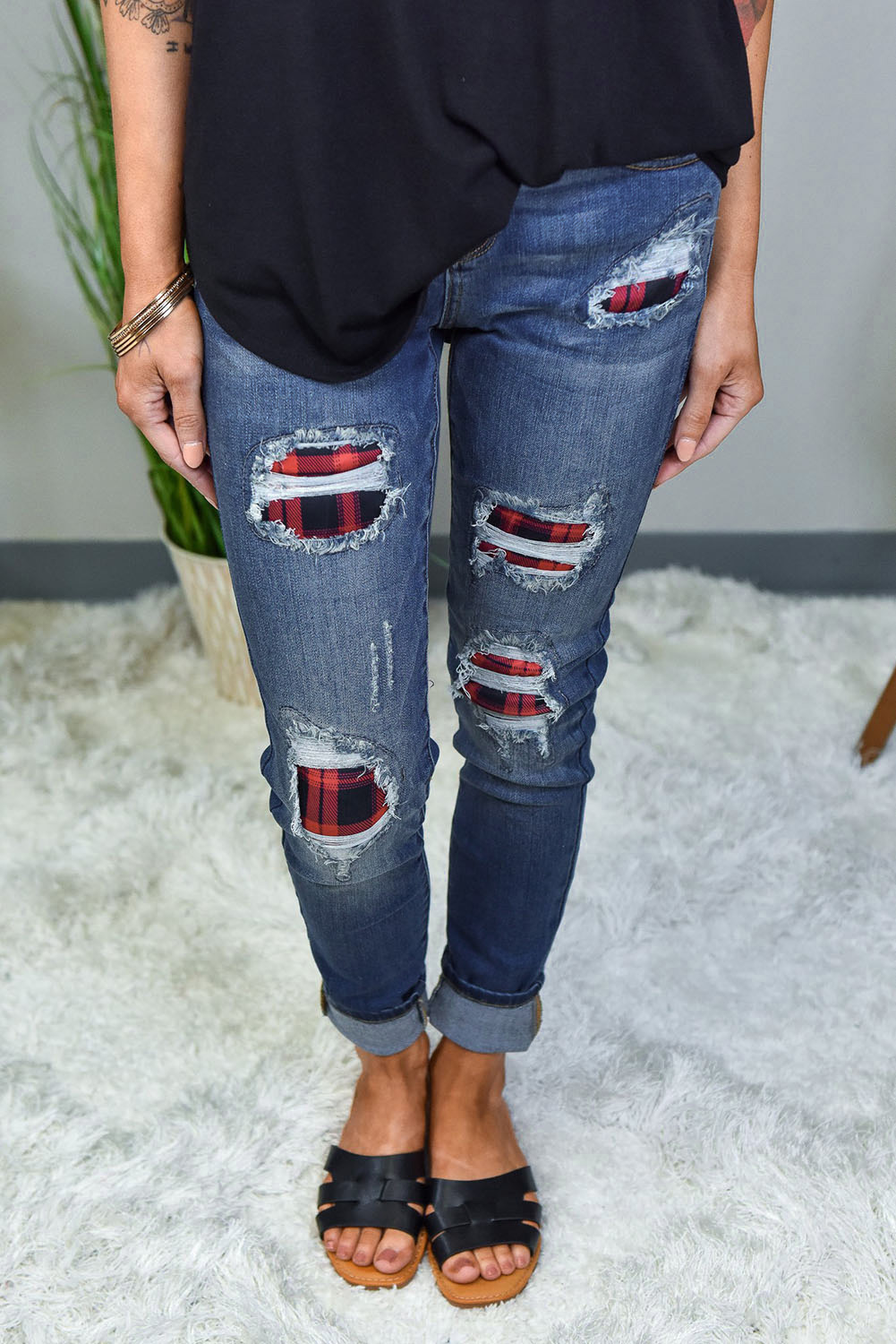 Wholesale Blue Ripped Red Plaid Patch SKINNY JEANS