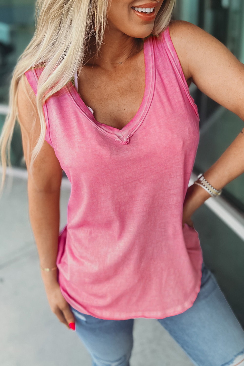 Pink Basic Seamed V Neck Tank Top