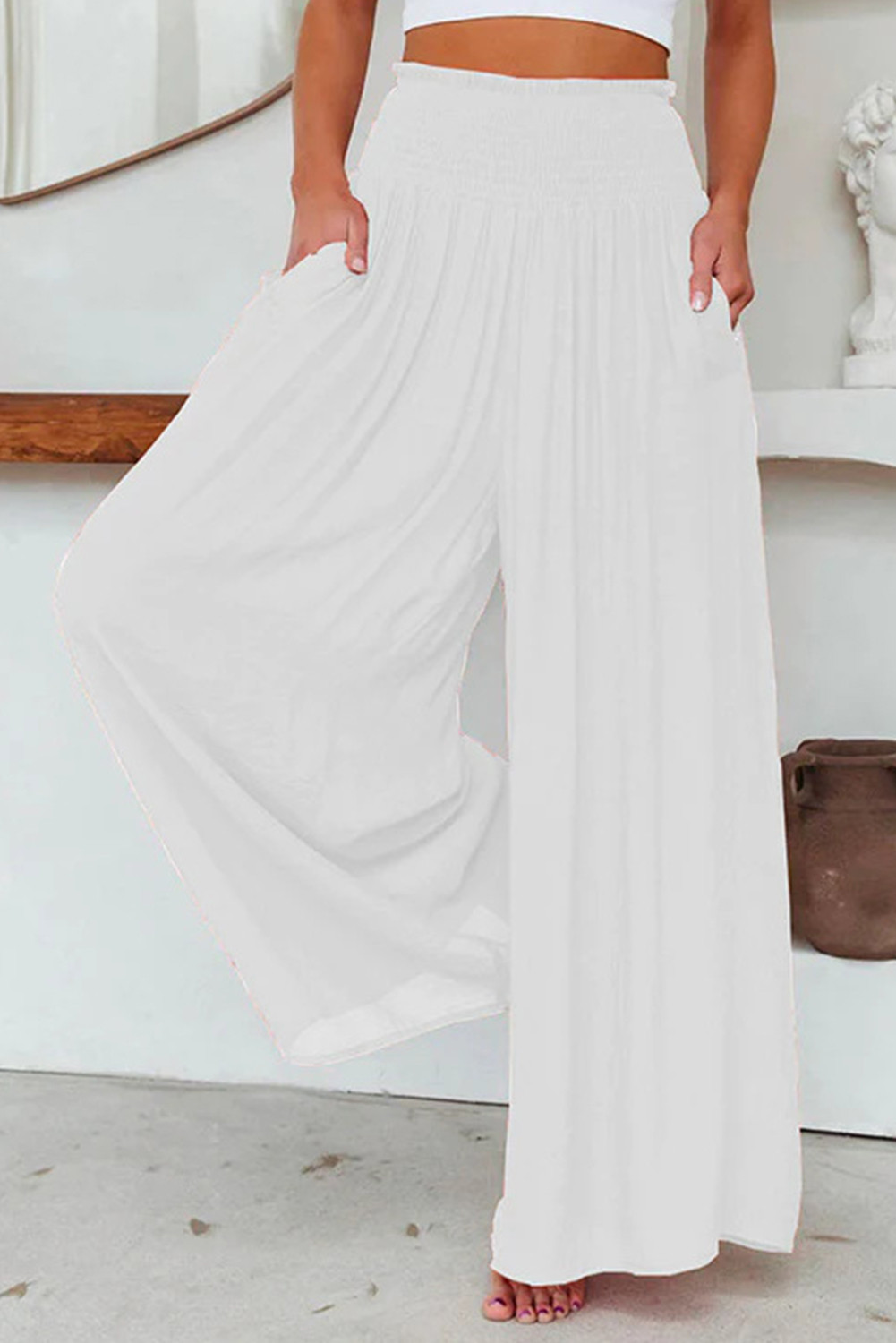 White Smocked Pockets High Waisted Beach Pants