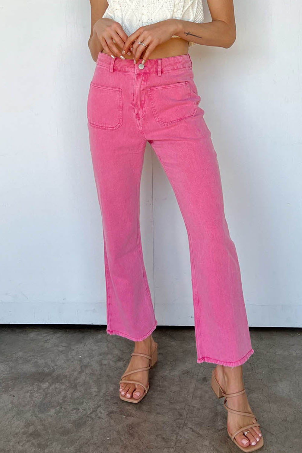Shewin Wholesale Clothing Suppliers Pink Raw Hem Light Wash Flare Mid Rise PANTS