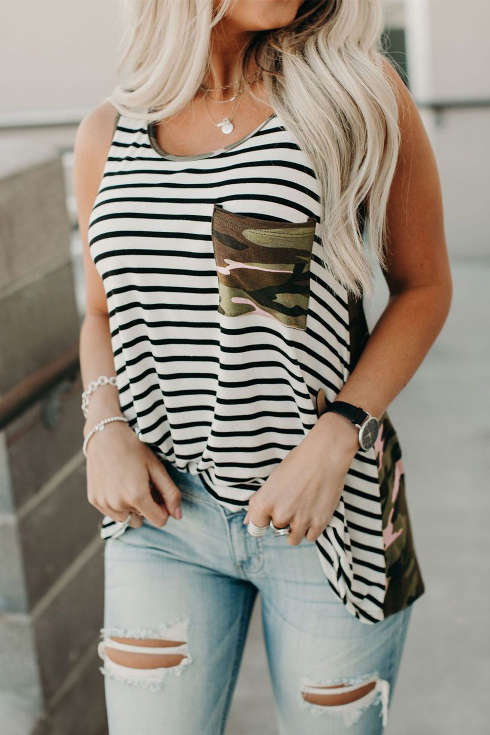 Camo Stripes Shirt Sleeveless Scoop Neck Tank Top for Women