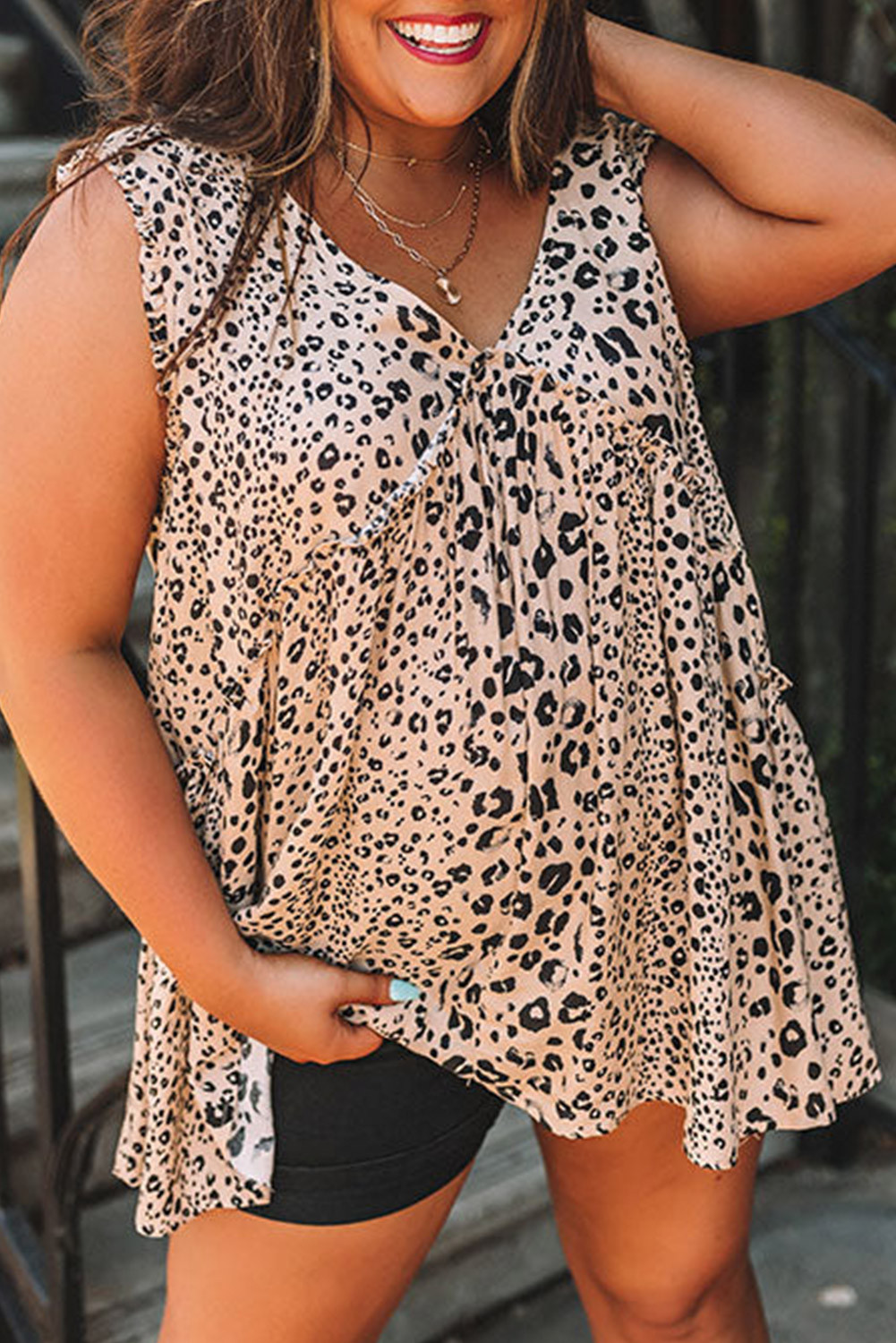 Leopard Plus Size V Neck Frilled Babydoll Tank Top