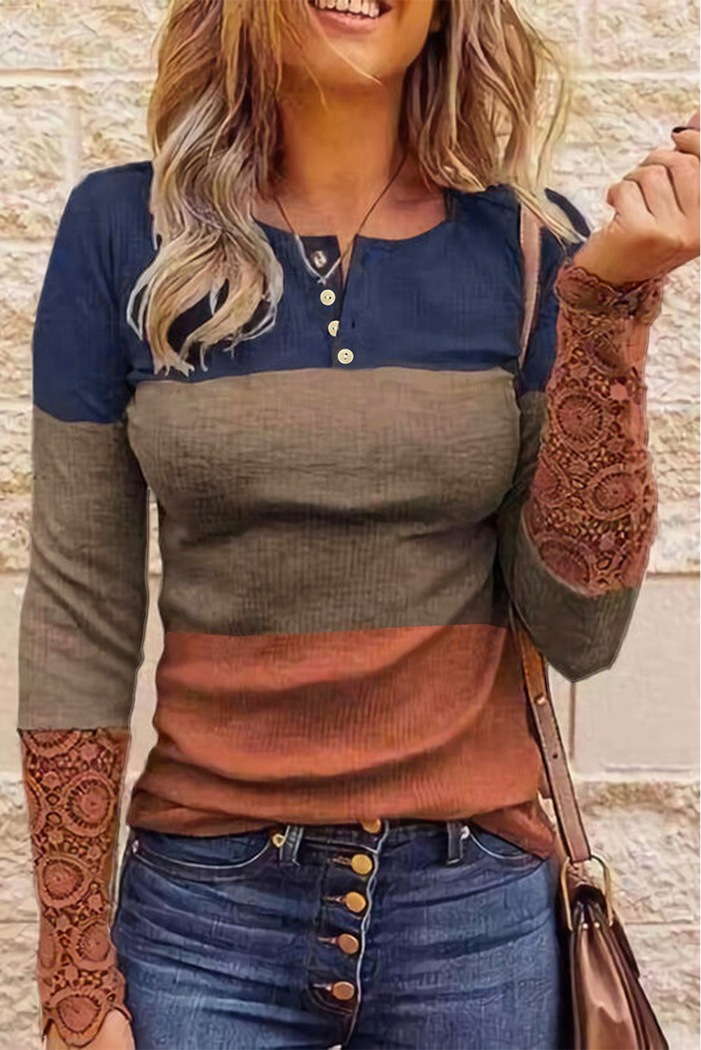 Dropshipping Color Block Ribbed Lace Crochet Sleeves Henley SHIRT for Women
