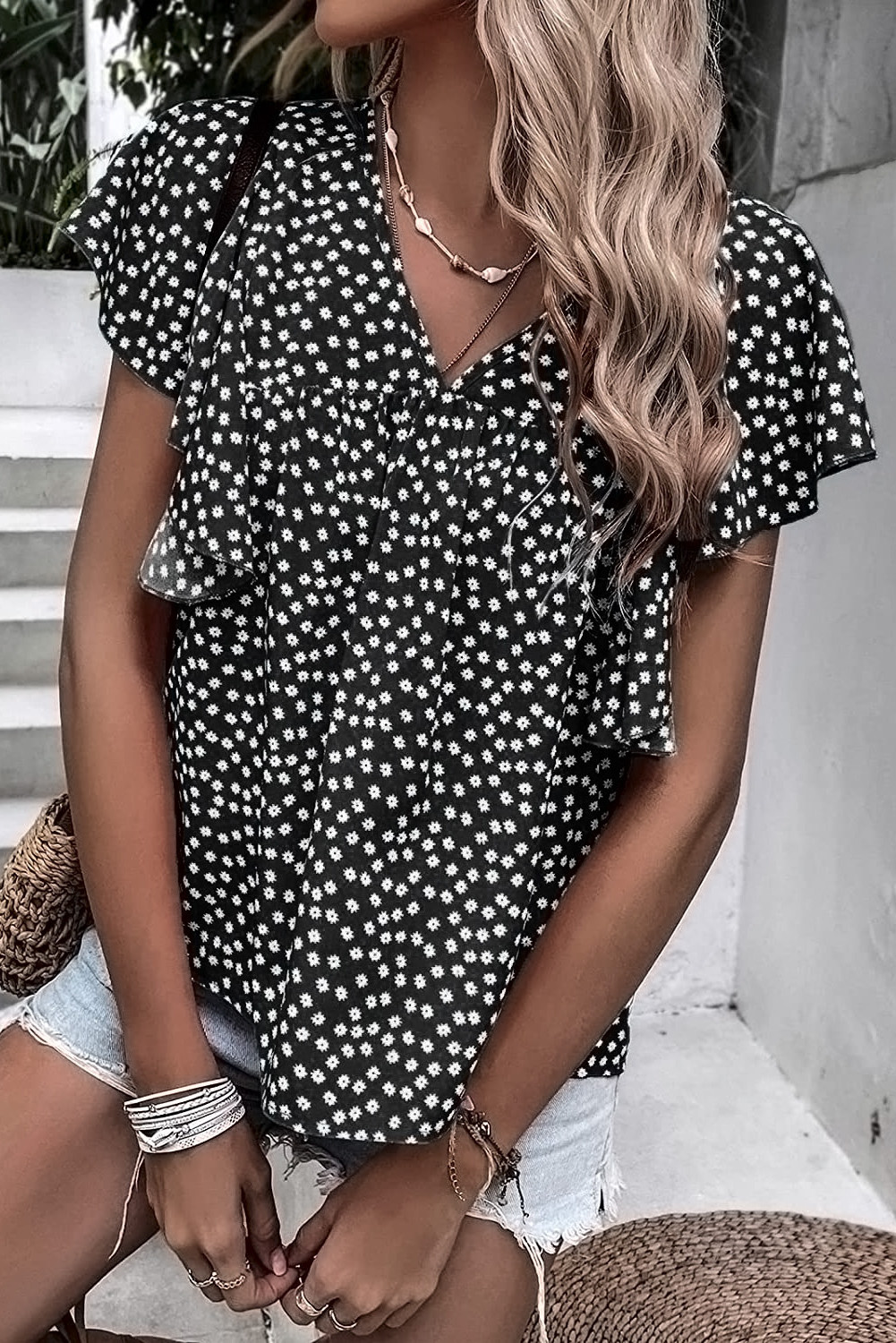 Black Floral Print V Neck Ruffle Sleeve Blouse
