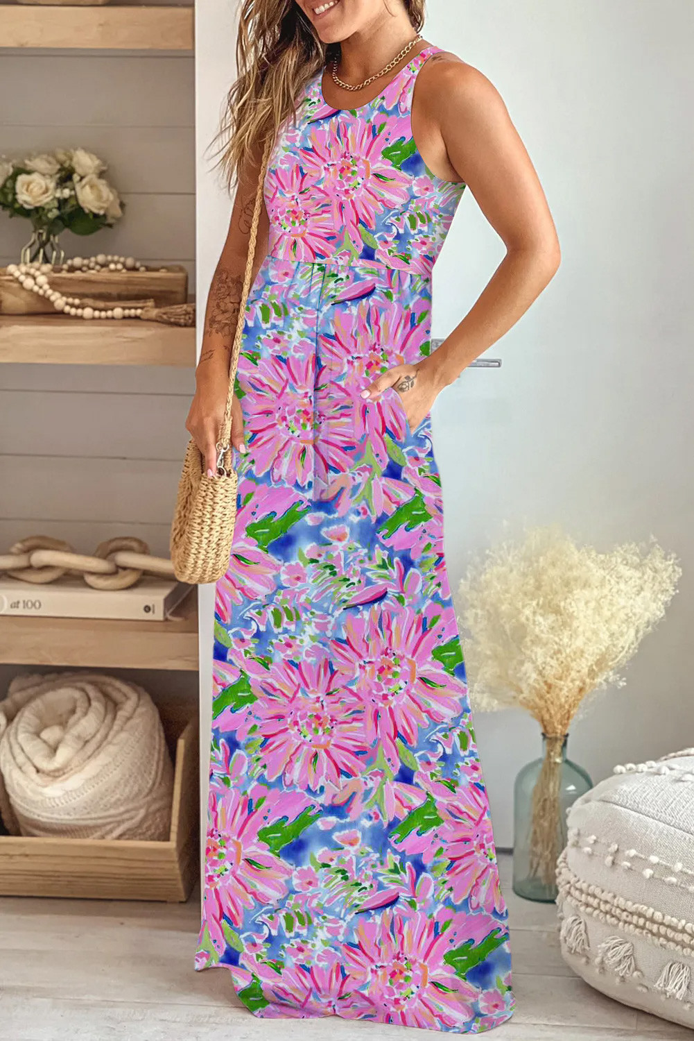 Pink Sleeveless High Waist Pocketed Floral Maxi Dress