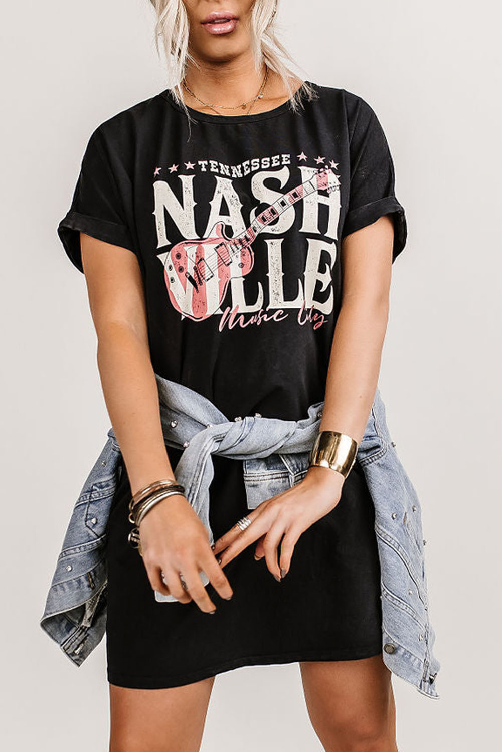 Shewin Wholesale Boutique Black Nashville MUSIC Festival Trending T-Shirt Dress