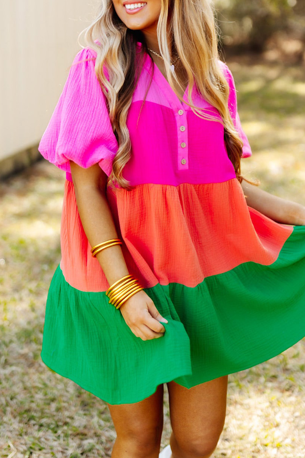 Shewin Wholesale Apparel Multicolor Color Block Tiered Puff Sleeve DRESS