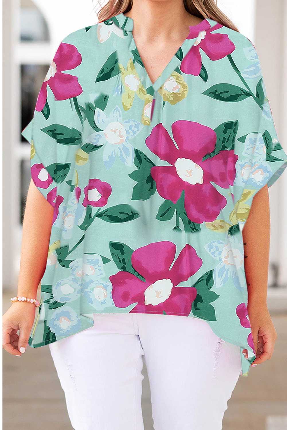 Green Floral Print V Neck Half Sleeve Plus Size Blouse
