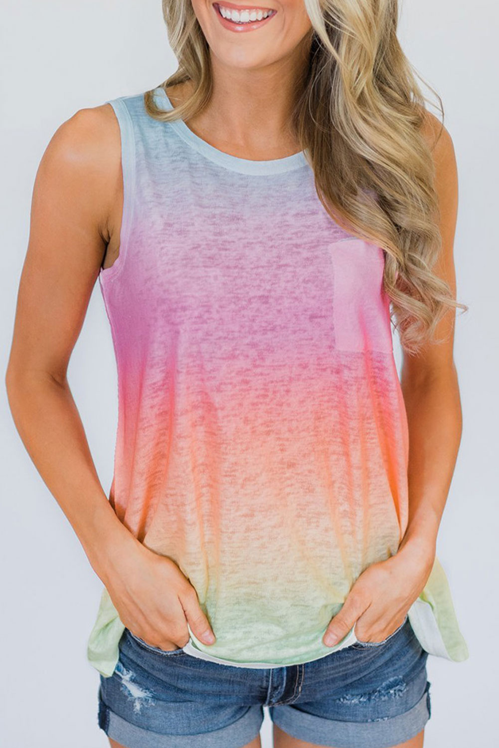 Shewin Wholesale Casual Pink & Blue TIE DYE Front Pocket Sleeveless Tank Top