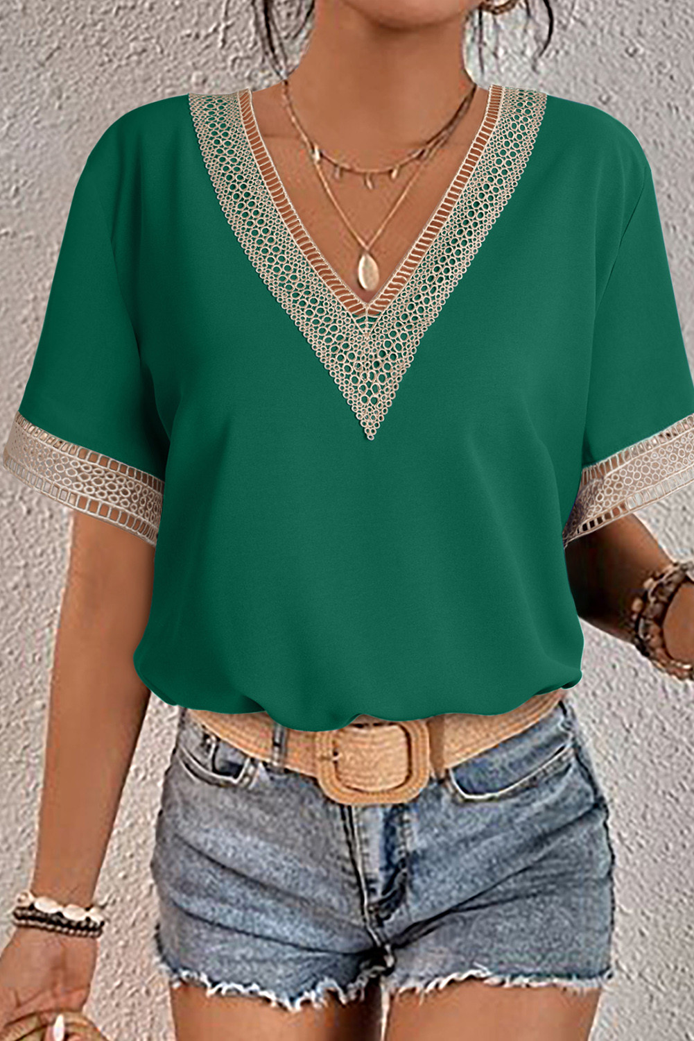 Green Lace Trim V Neck Casual Short Sleeve Blouse