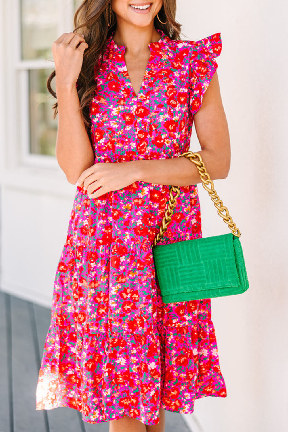 Red Boho Floral Flutter Sleeve Tiered Ruffled Dress