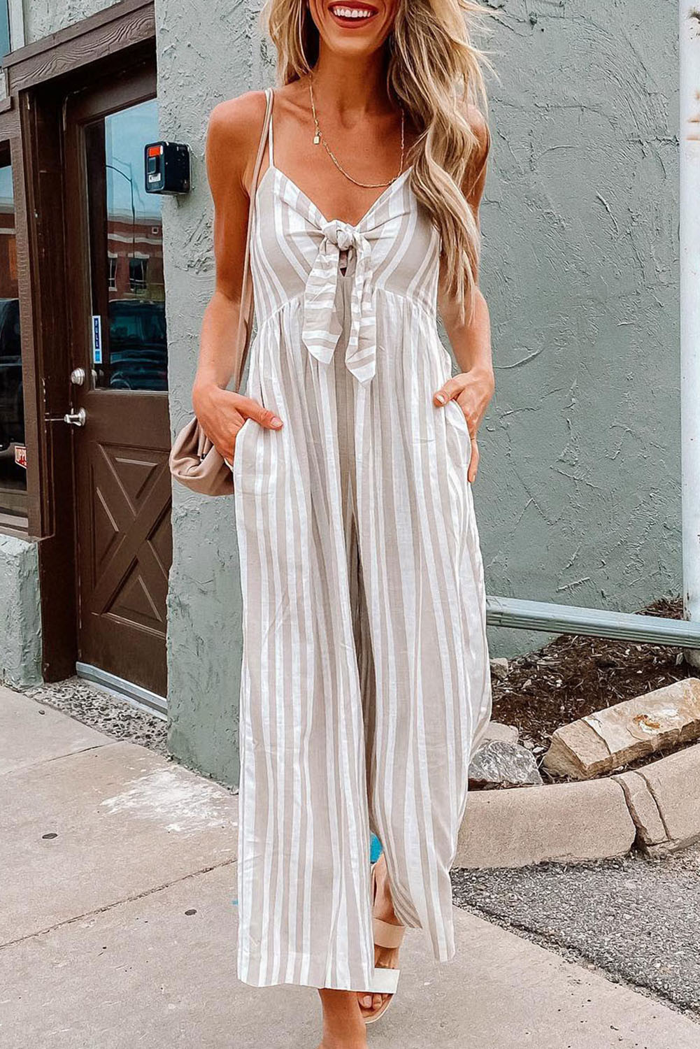 Striped Front Knotted Cropped Strap Wide Leg Jumpsuit