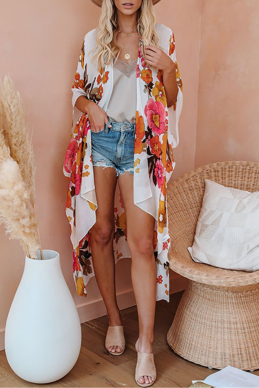 White Bohemian Kimono Sleeve Floral Long Cover Up
