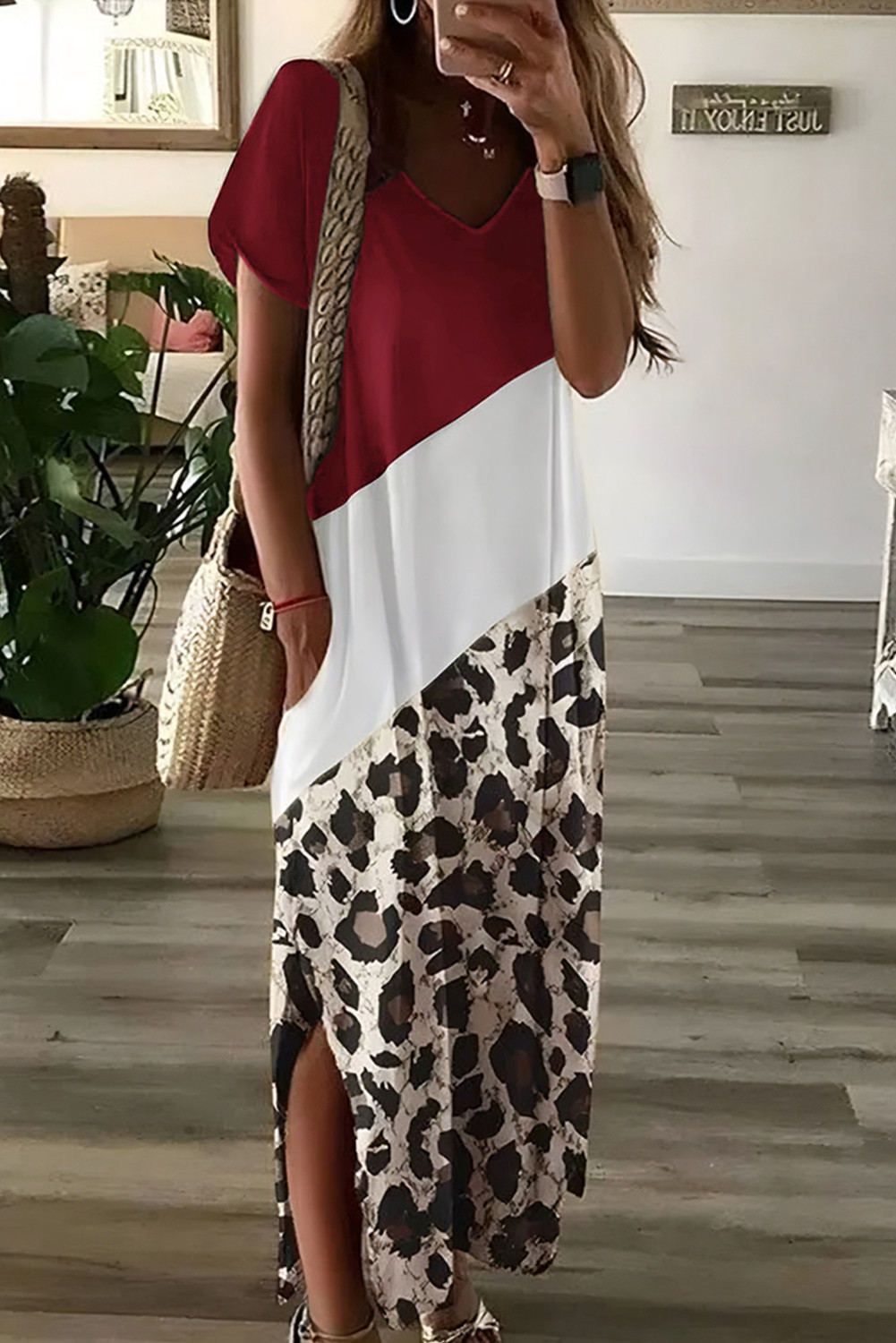 Red & White & Leopard Color Block Side Slit Shirt Maxi Dress