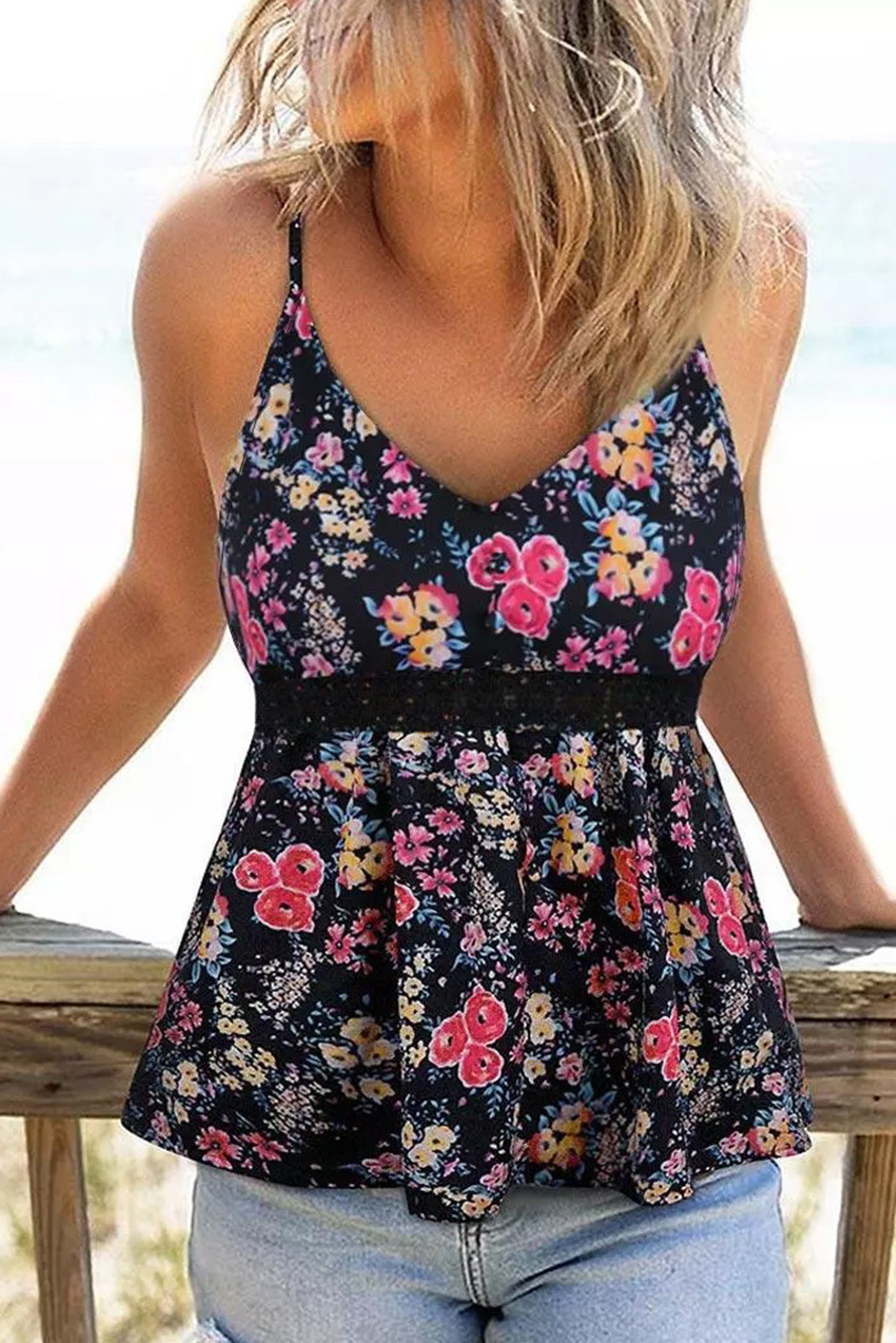 Black Boho Floral Lace Contrast Peplum Sleeveless Shirt