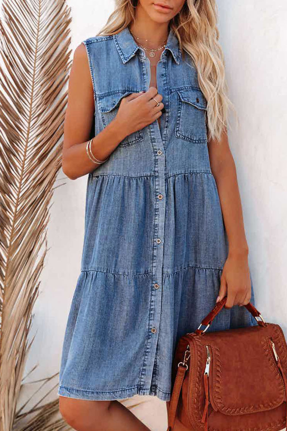 Sky Blue Flap Pockets Button Up Sleeveless Denim Dress