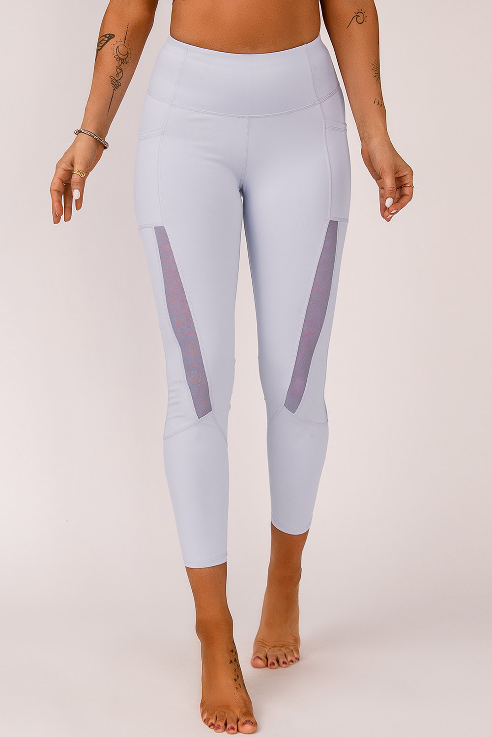 Gray Mesh Side Splicing Phone Pocket High Waisted Leggings