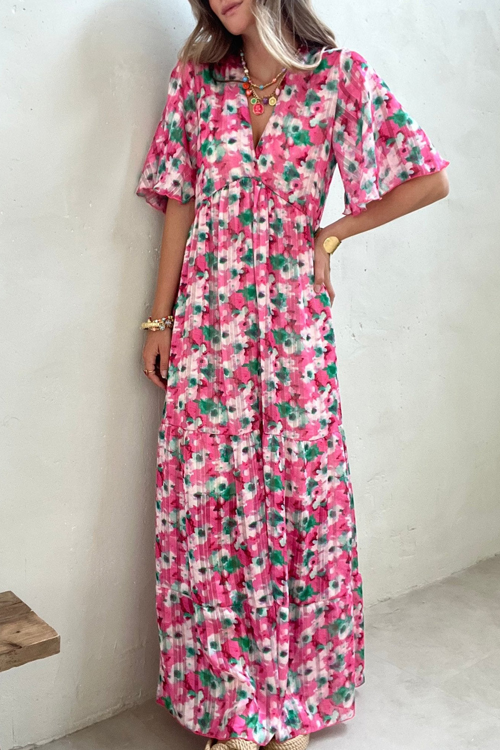 Pink Floral Print Deep V Wide Sleeves Maxi Dress