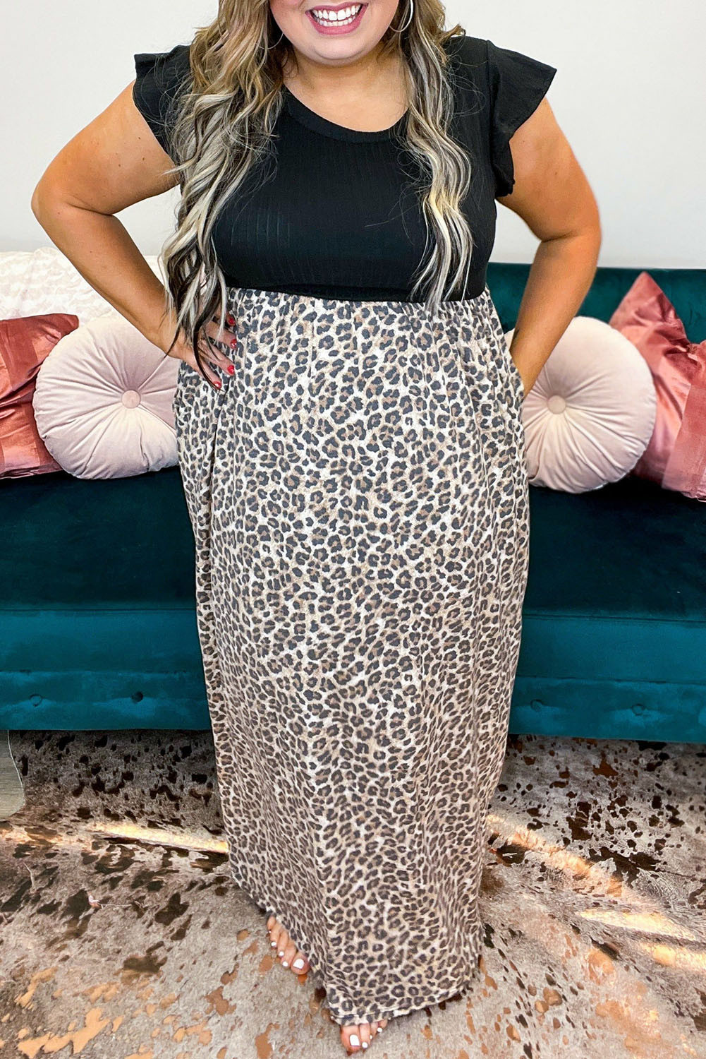 Black Plus Size Rib Leopard Short Sleeve Maxi Dress