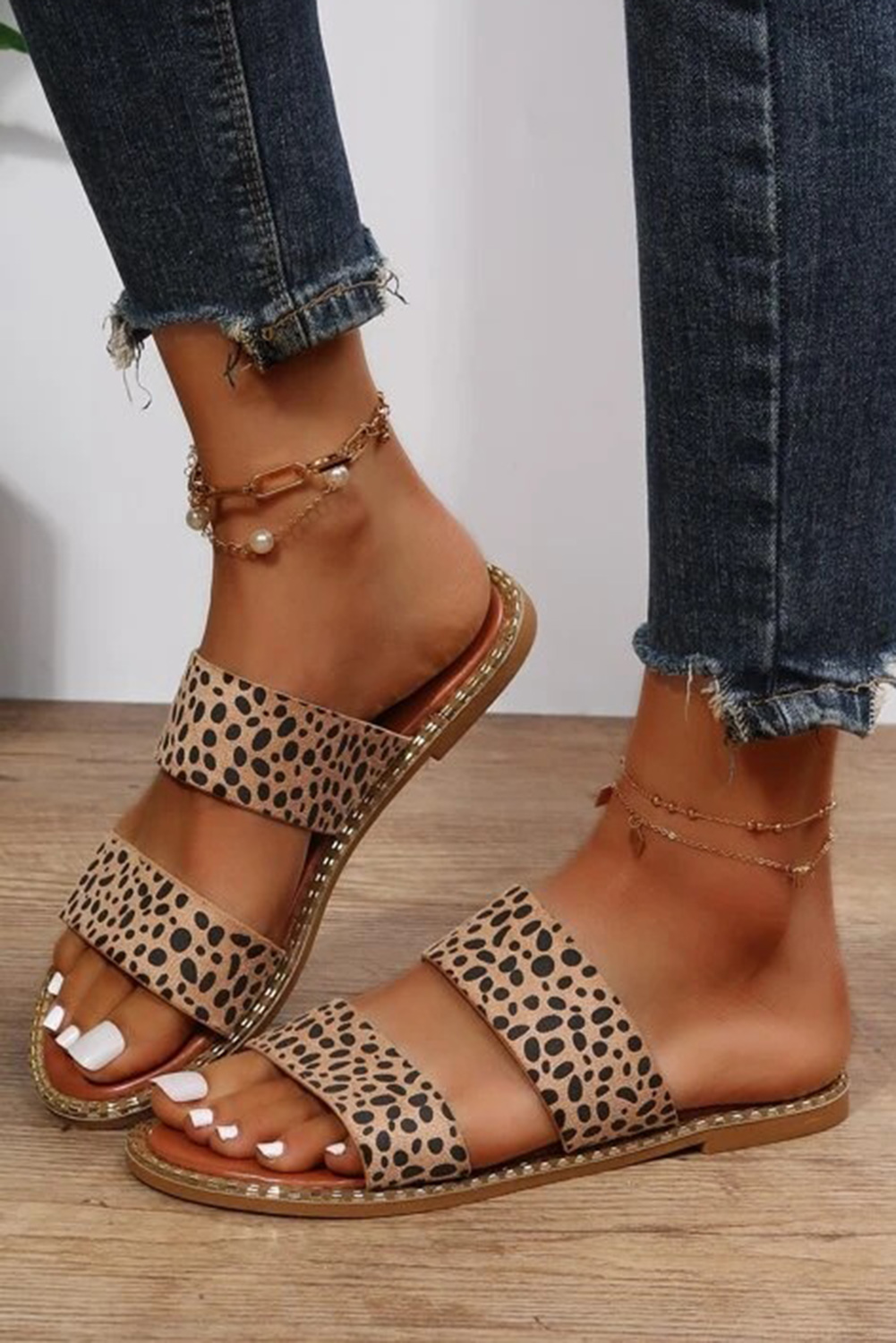 Shewin Wholesale Fashion Leopard Strap Casual Flat Slides Shoes