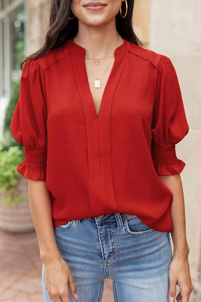 Red Solid Color Half Sleeve Shirred V Neck Blouse