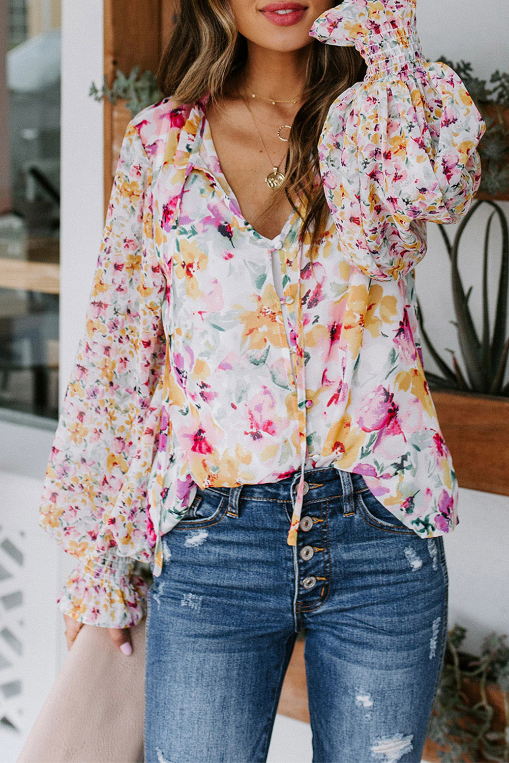Dropshipping Pink Floral Print Bohemian Button TIE Front Blouse