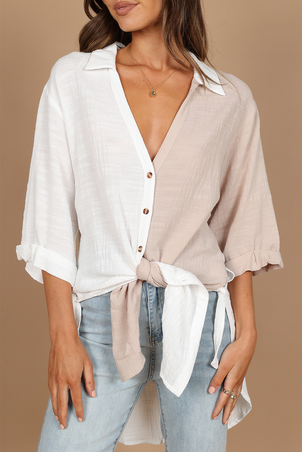 Shewin Wholesale New arrival White Colorblock V Neck Collared Side Slits SHIRT