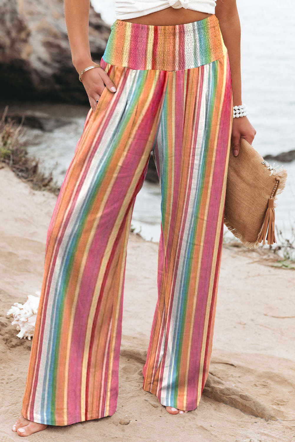 Shewin Wholesale Bulk Multicolor Striped Smocked High Waisted Wide Leg Beach PANTS