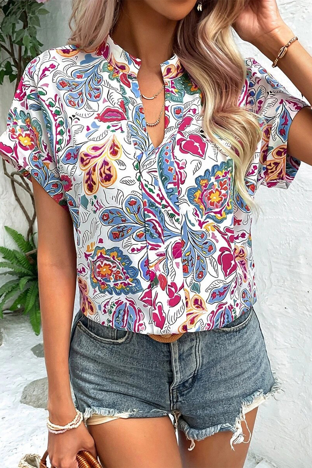 Sky Blue Floral Print Casual V Neck Short Sleeve Blouse