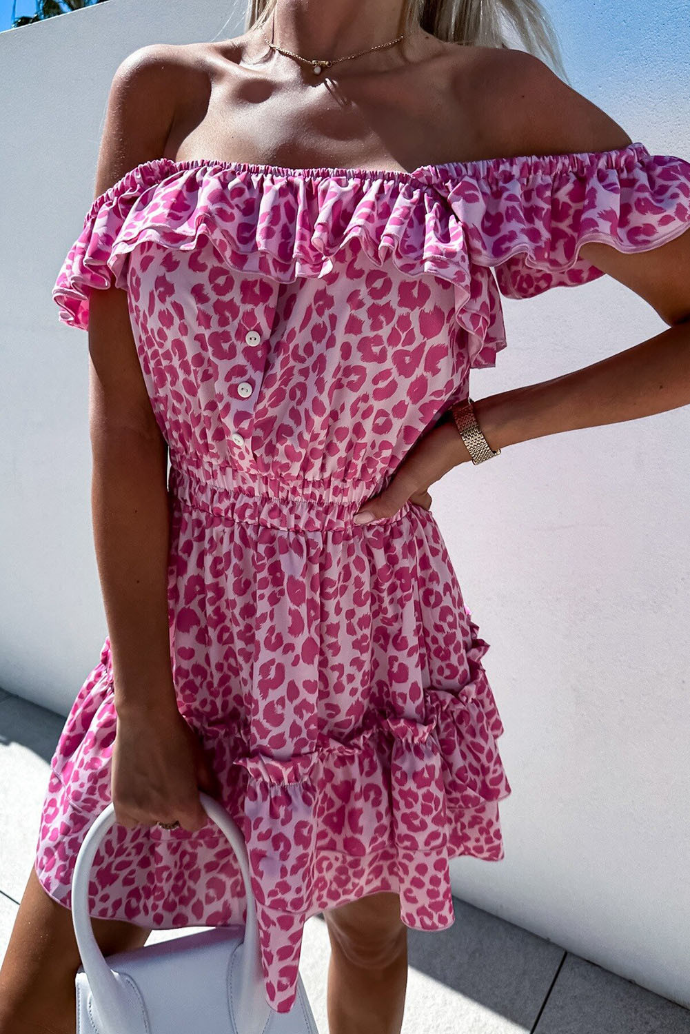Rose Leopard Off Shoulder Buttoned Ruffled Short Dress