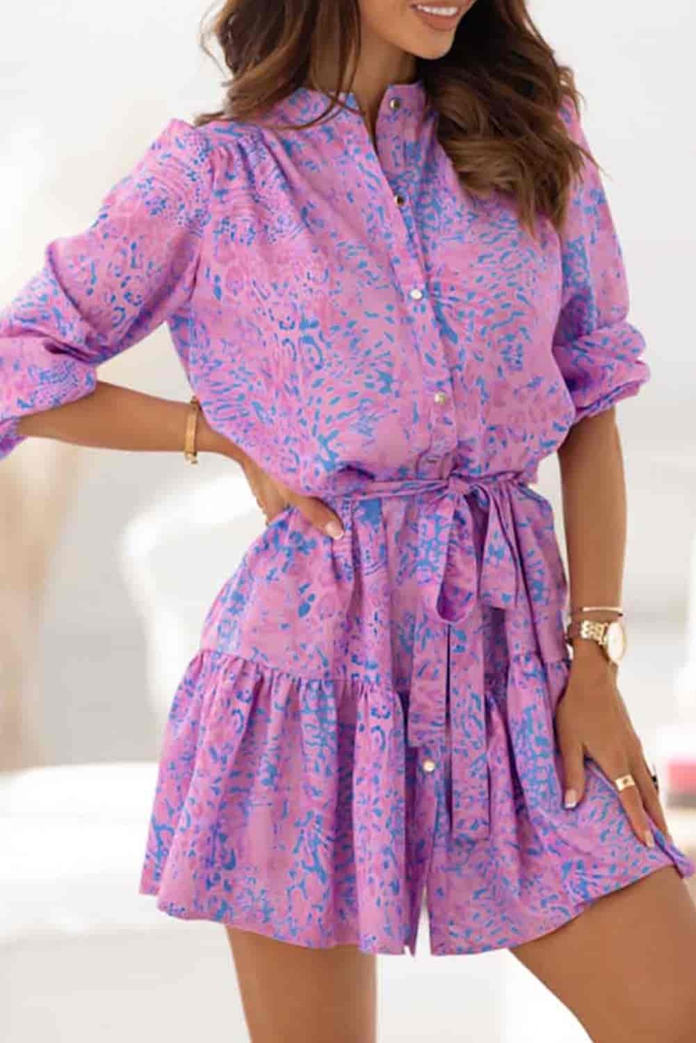 Purple Leopard Print Long Sleeve Belted Shirt Dress
