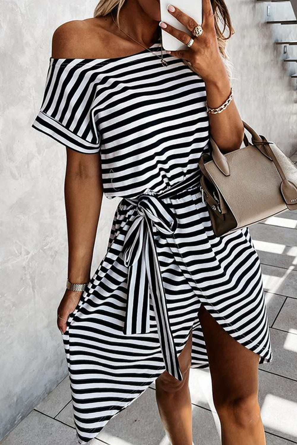 Black Stripe Belted Wrapped Hemline T-Shirt Dress