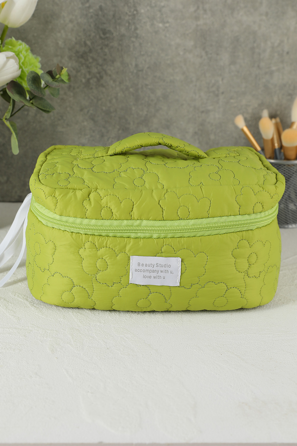 Dropshipping Green 17*24cm Floral Quilted Letter Patch Zipped Travel COSMETIC Bag