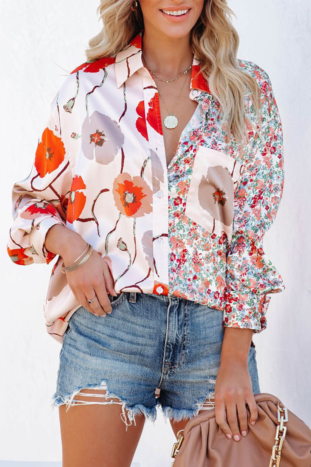 Shewin Wholesale Clothes Red Bohemian Floral Pockets Patchwork Button Up SHIRT