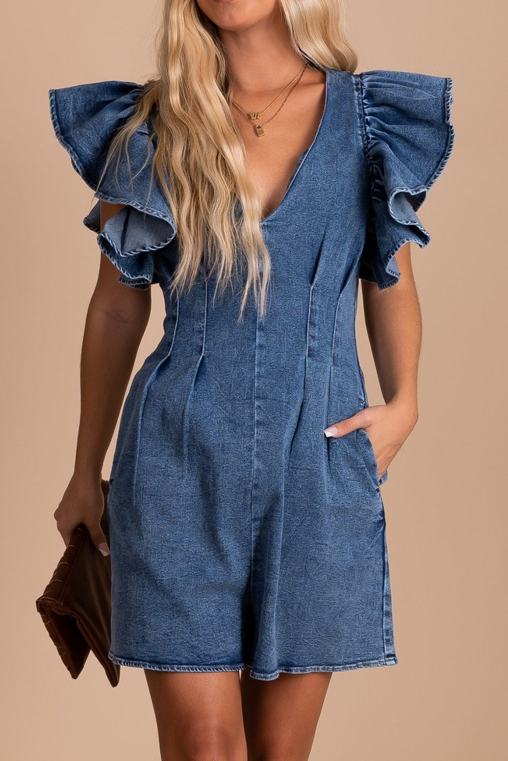 Blue Ruffle Pleated Deep V Denim Romper with Pockets